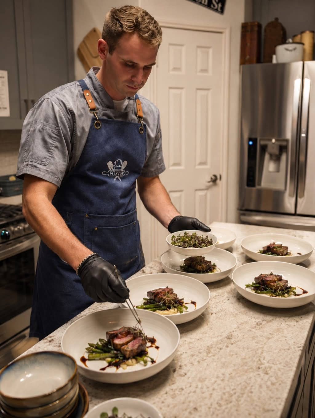 Chef Foster carefully plating a meal