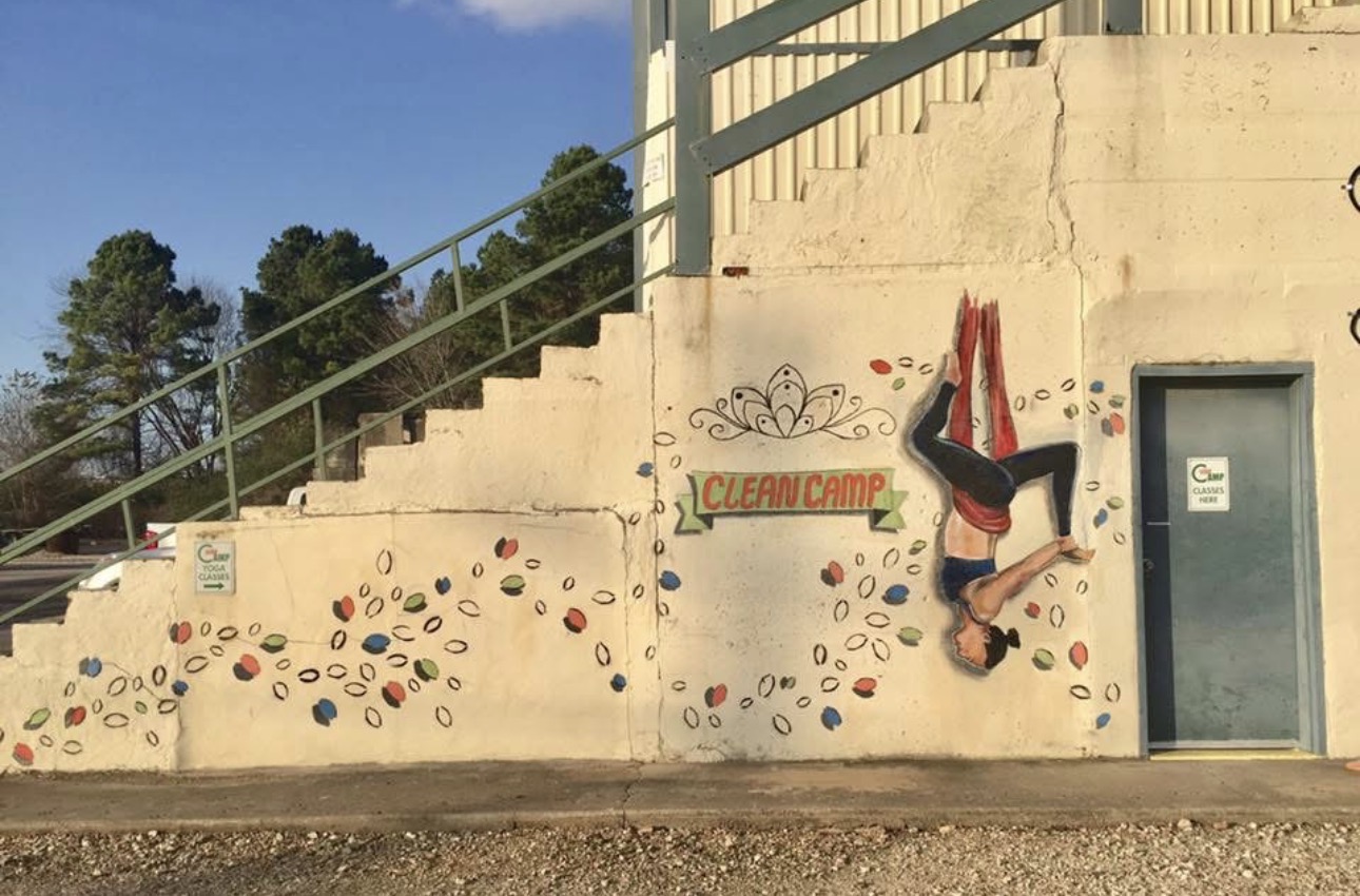 Clean Camp studio entrance and aerial yoga mural